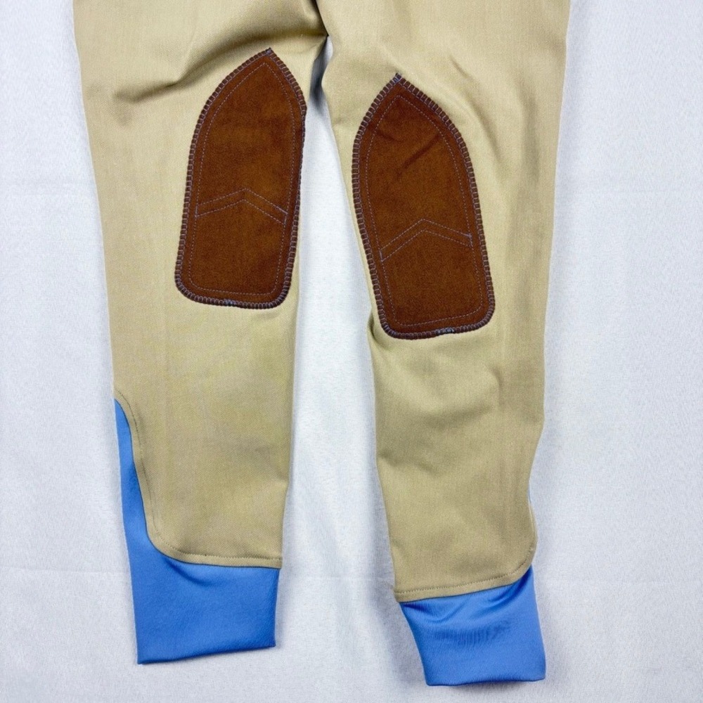 Dover Saddlery Riding Breeches Wellesley Tan Cornflower Knee Patch Size 16 - Picture 3 of 14